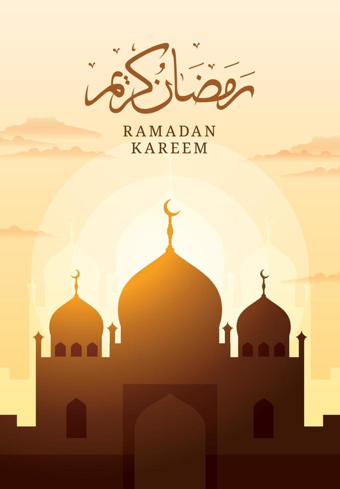 Ramadán kareem con mezquita y mano dibujado caligrafía letras vector