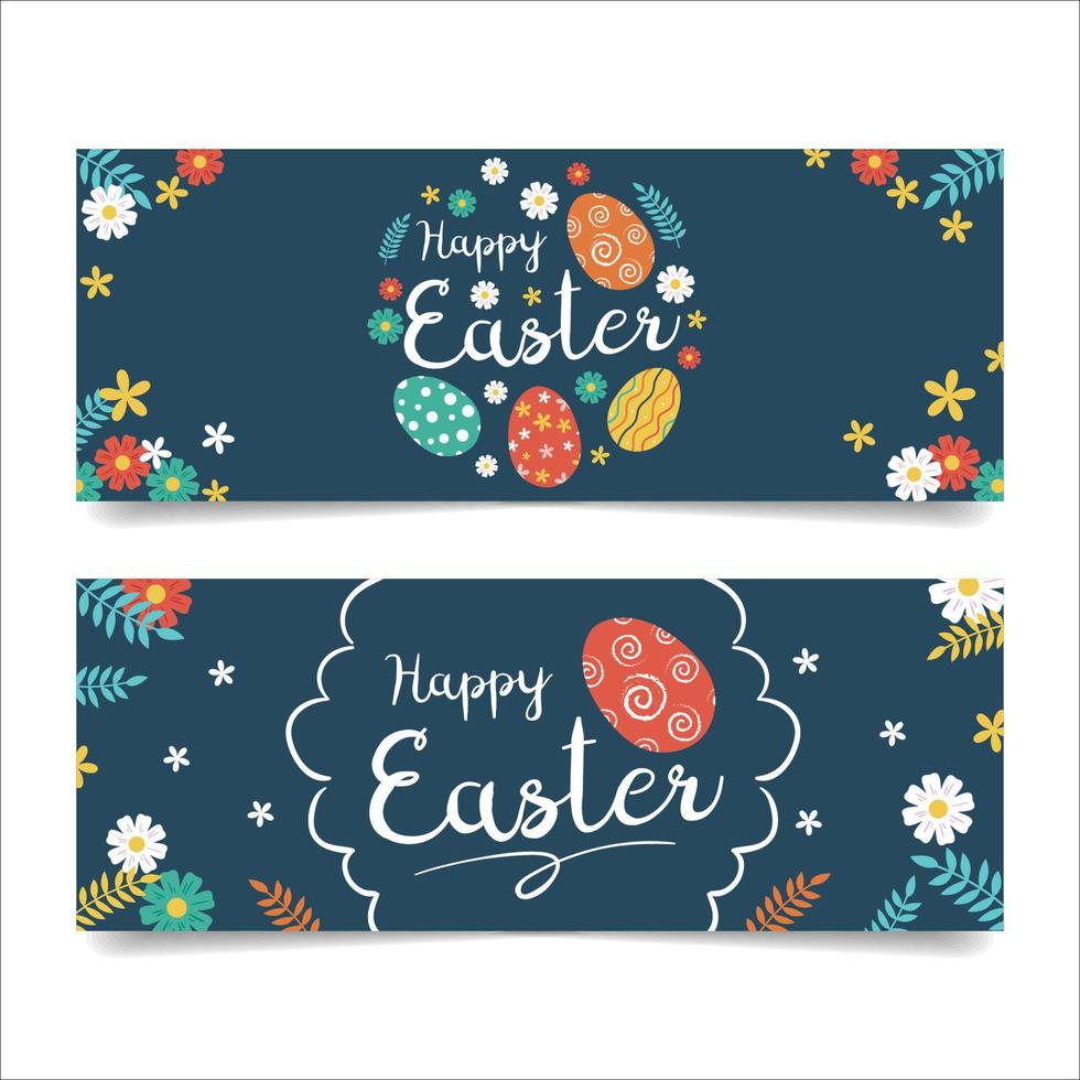 Happy Easter Banners with Easter Eggs and Flowers vector