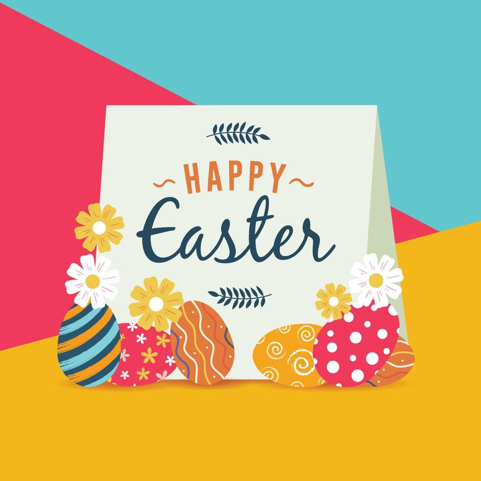 Happy Easter Holiday with Painted Eggs and Flowers vector