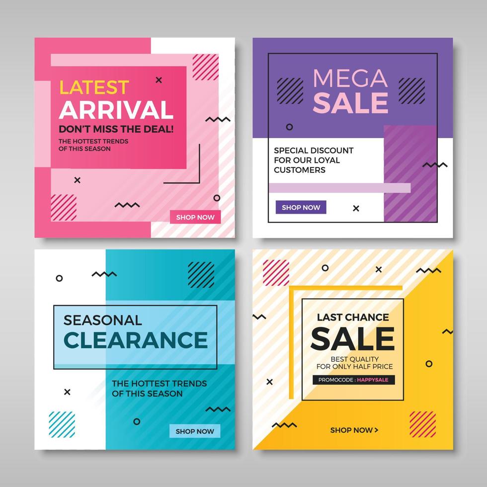 Set of promotion sale square banners in memphis style vector
