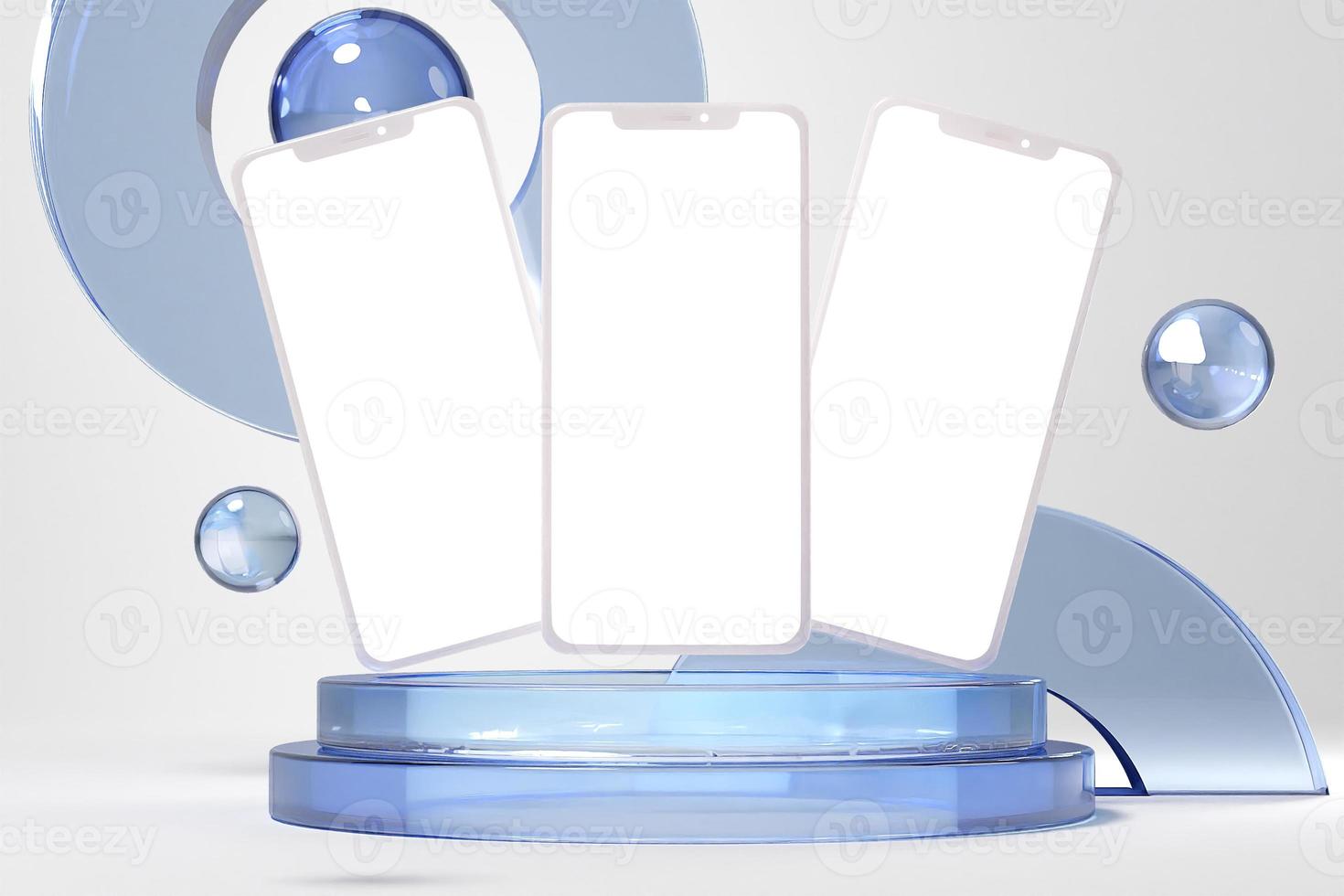 Clayphones screens mockup with glass podium ui ux design presentation scene photo