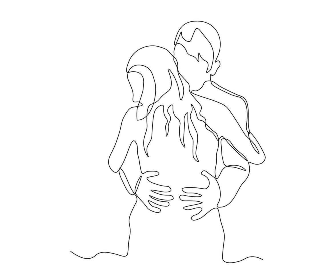 a couple of lovers, a woman and a man, love for each other, hug each other, missed, hand-drawn, continuous monoline, drawing in one line vector