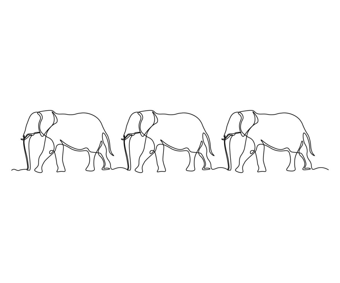 abstract three elephants walking one after another in a row , hand-drawn, continuous monoline, drawing in one line vector