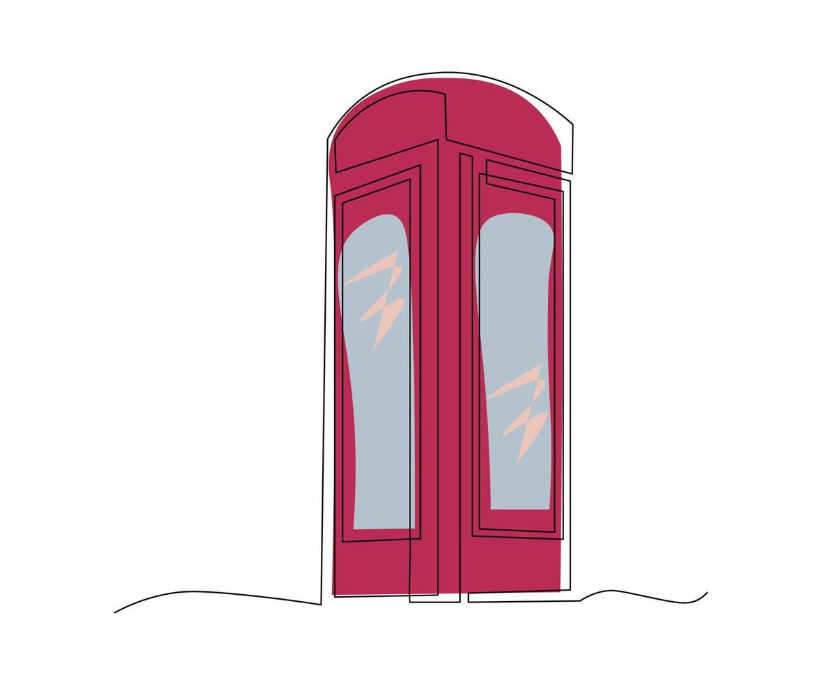 red telephone booth hand-drawn, continuous monoline, drawing in one line vector
