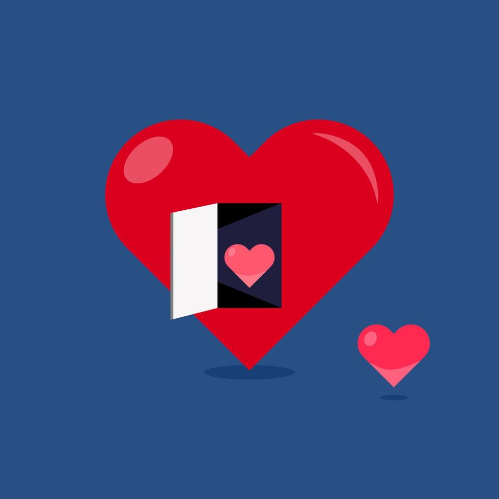 abierto el puerta de corazón con ligero dentro y pequeño corazón detrás el puerta a un grande corazón fuera de el puerta. vector