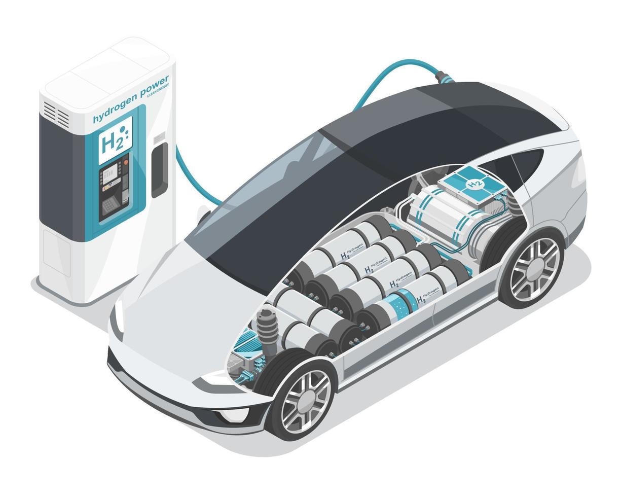 Green Hydrogen fuel cell car stop at Refual Charging Station Ecology cut inside show H2 storage tank Ecology Concept isometric isolated vector