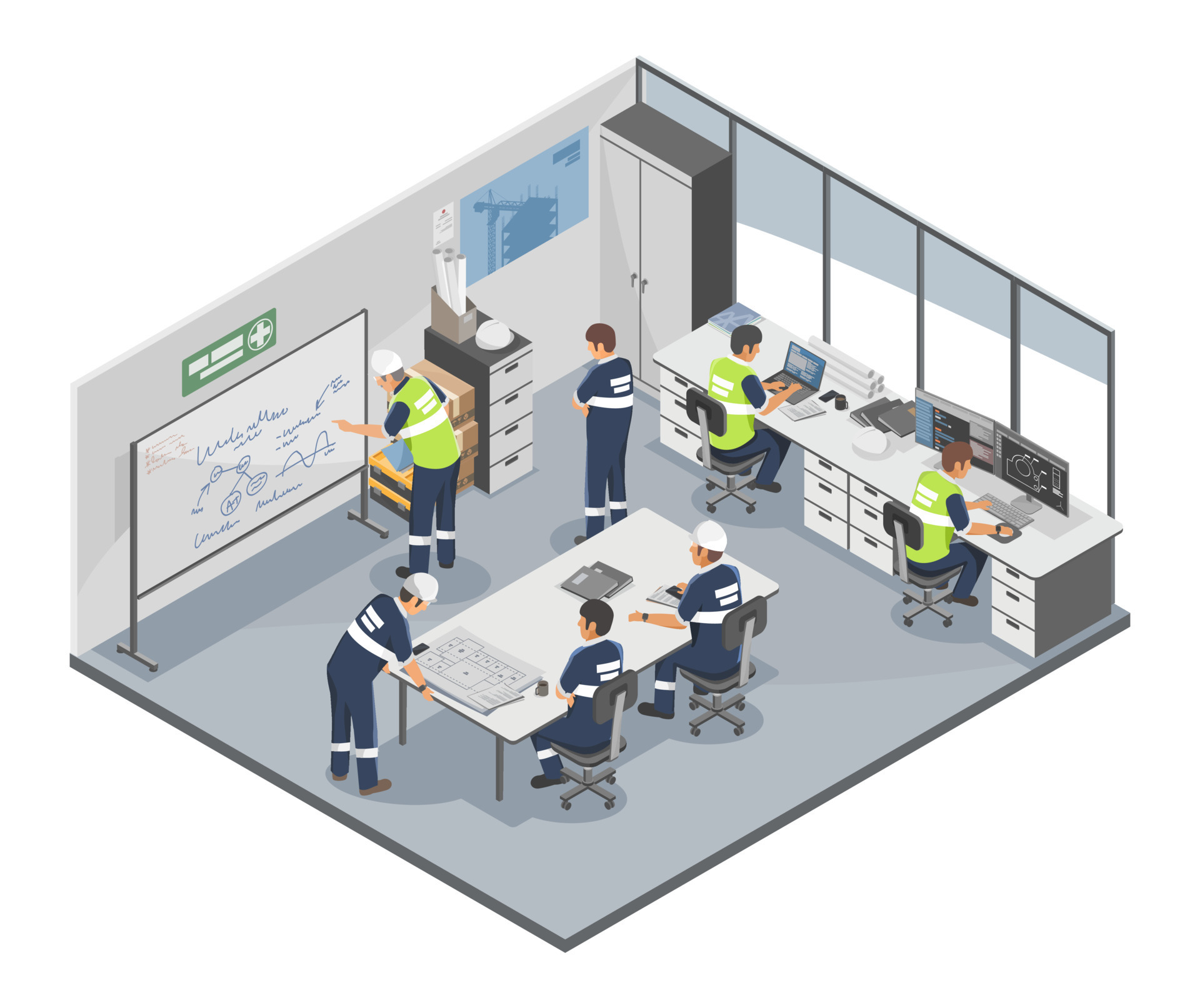 Technician and engineer meeting and working process Room Maintenance