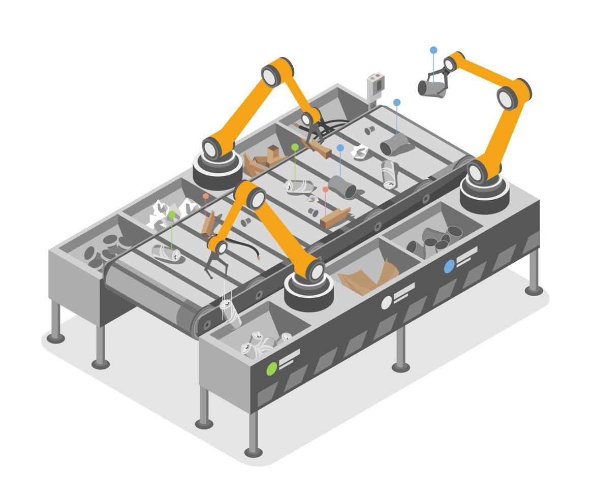 ai robot trabajando ayuda a basura clasificación en residuos reciclar clasificación planta lugar de trabajo ecología tecnología ayuda humanidad concepto isométrica aislado vector