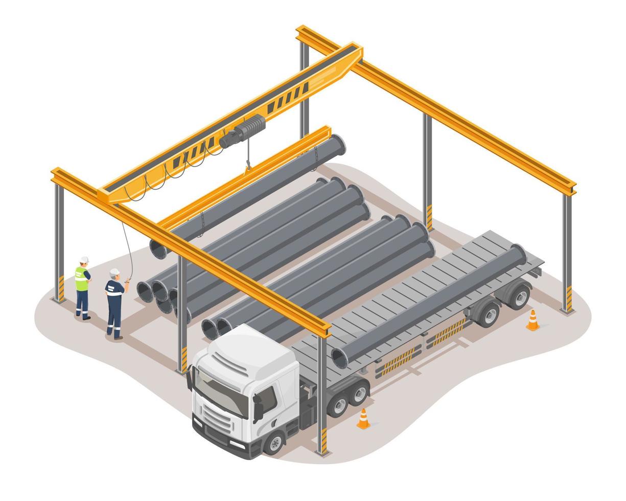 Overhead Crane lifting industrial Steel Pipes from trailer flat bed truck in factory flatbed industrial manufacturing worker concept illustration isometric isolated vector