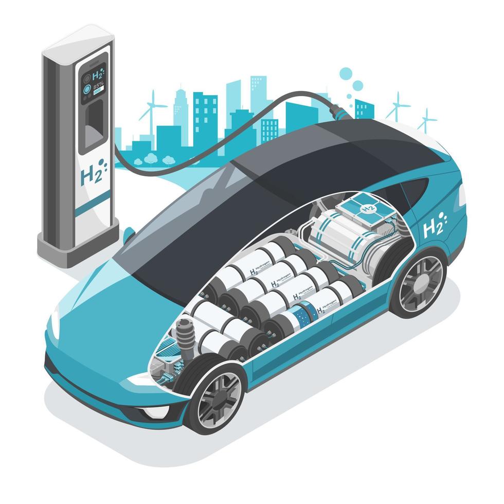 Green Hydrogen fuel cell car stop at Refual Charging Station Ecology cut inside show H2 storage tank with city background Ecology Concept isometric isolated vector