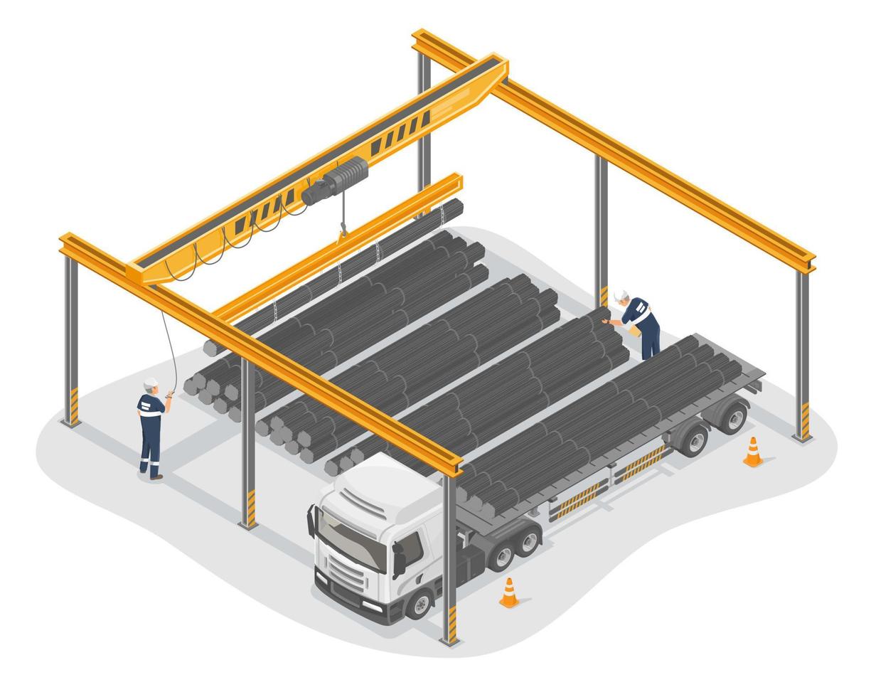Overhead Crane lifting industrial materials from trailer flat bed truck in factory flatbed industrial manufacturing worker concept illustration isometric isolated vector