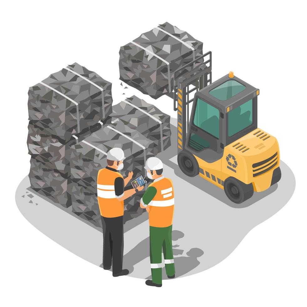 Garbage sorting and recycling management compressed garbage piles using forklift in recycle industry environmental career illustration isometric isolate vector