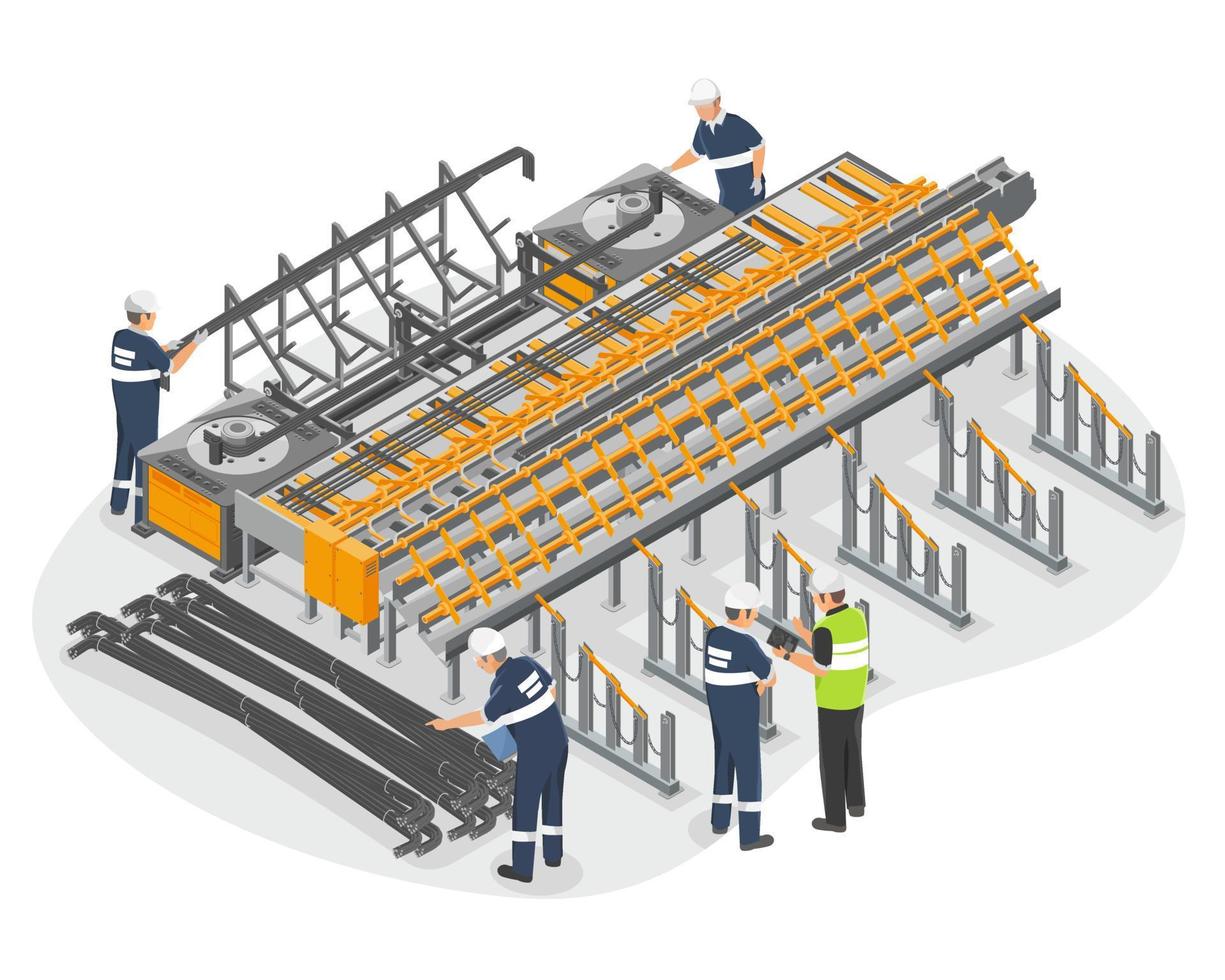 empleado trabajador trabajando en grande peligro máquina en fábrica sitio de trabajo y inspección seguridad ingeniero inspeccionando industrial acero bar fabricación arriesgado trabajo concepto ilustración isométrica aislado vector