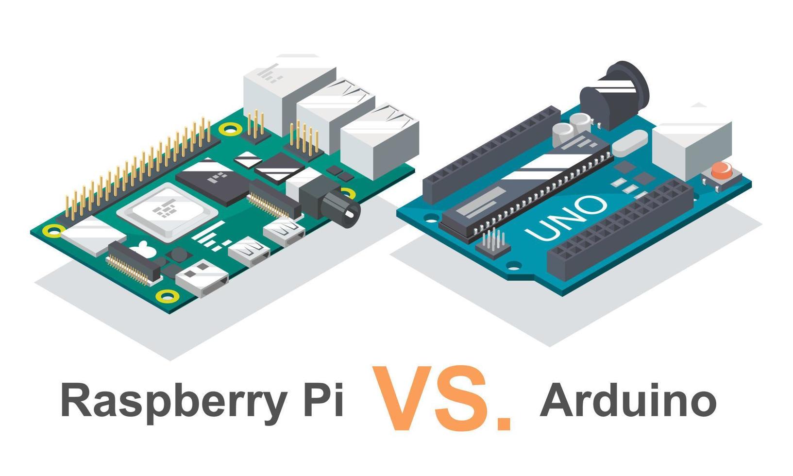 arduino vs frambuesa Pi microcontrolador codificación computadora proyectos para principiantes ilustración isométrica aislar vector