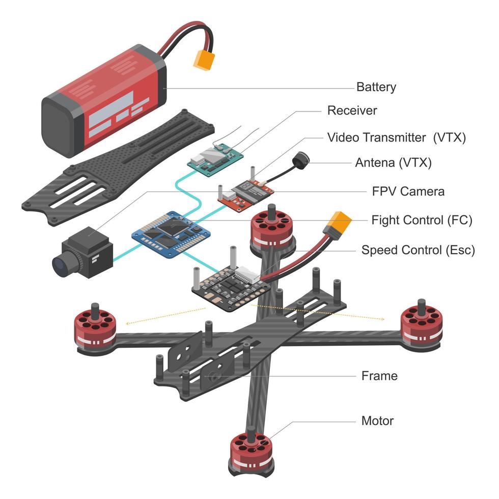 FPV Drone Racing freestyle RC Drone Parts Diagram Pro sport flight system hobby Toys isometric isolated illustration on white vector