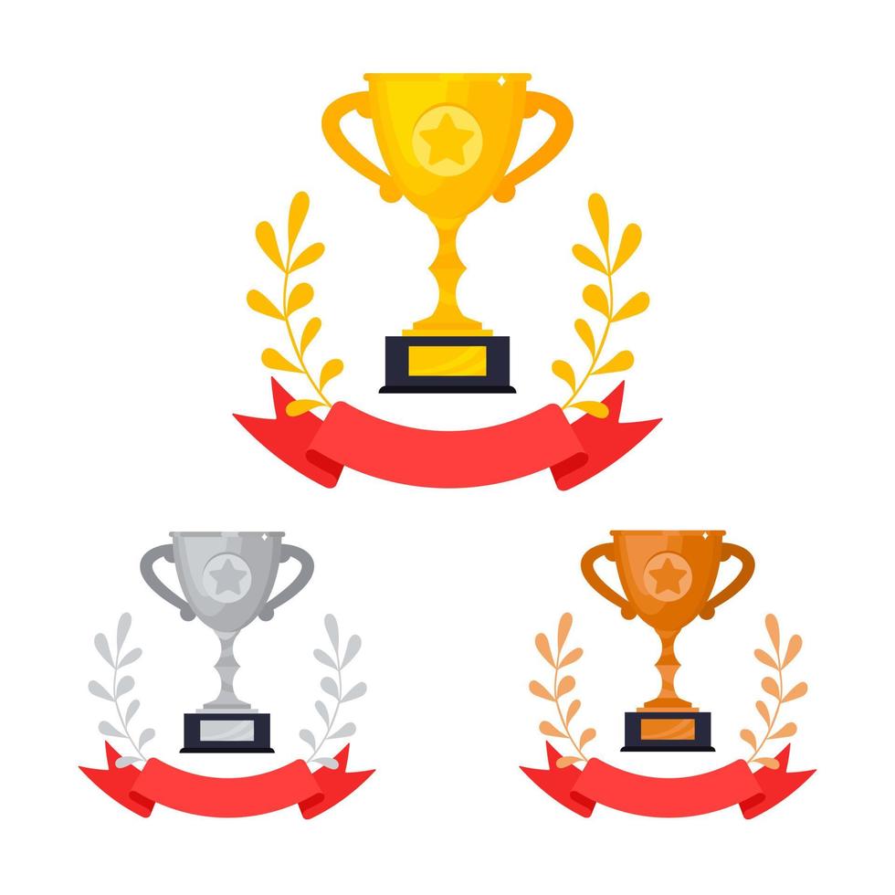 Gold, silver and bronze award trophy goblet cup set with wreath leaves icon sign flat style design vector illustration.