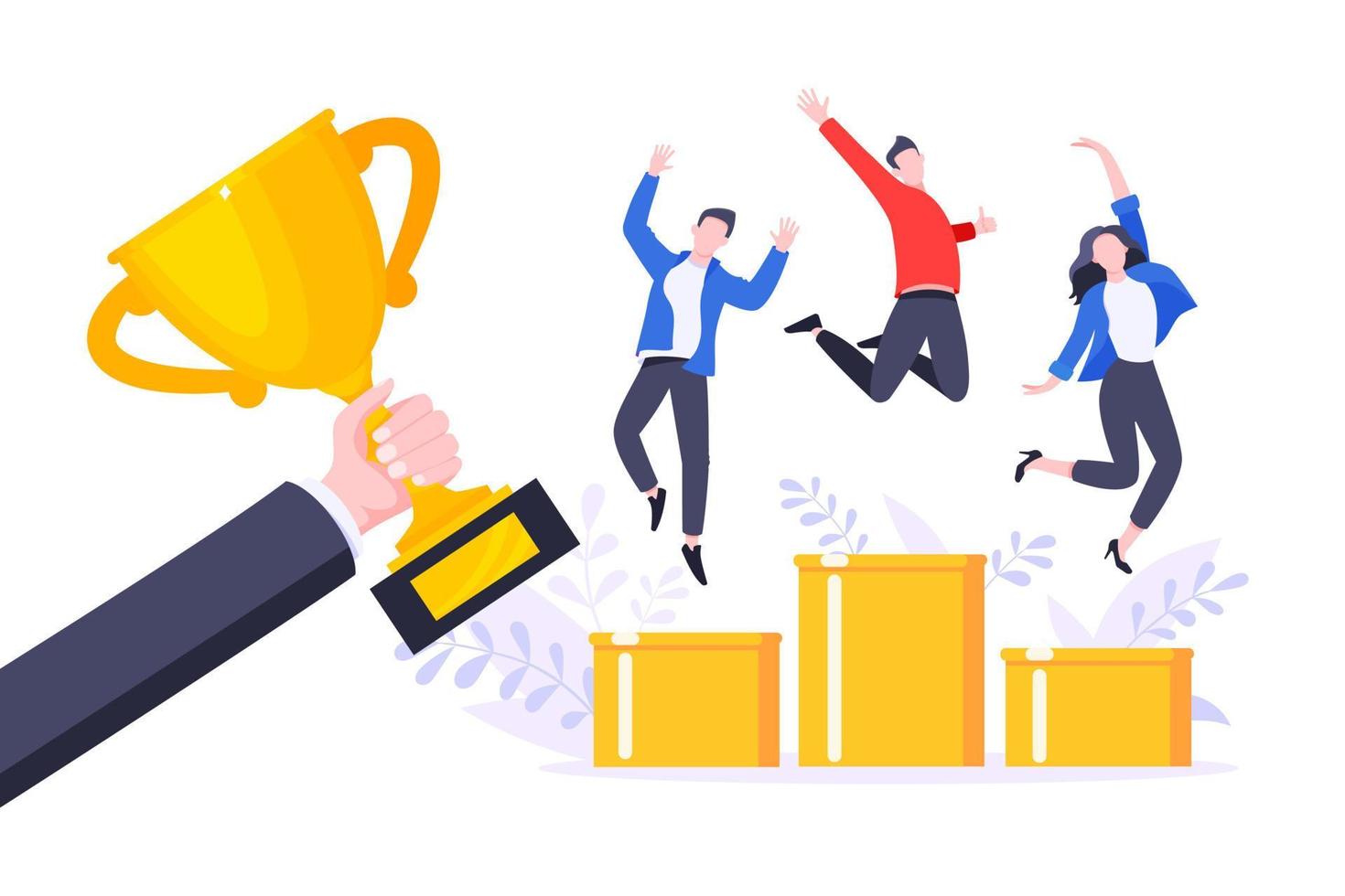 Happy business employee team winners award ceremony flat style design vector illustration.