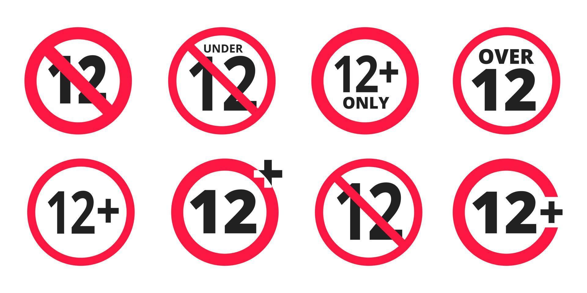 Over 12 years old plus forbidden round icon sign vector illustration set.