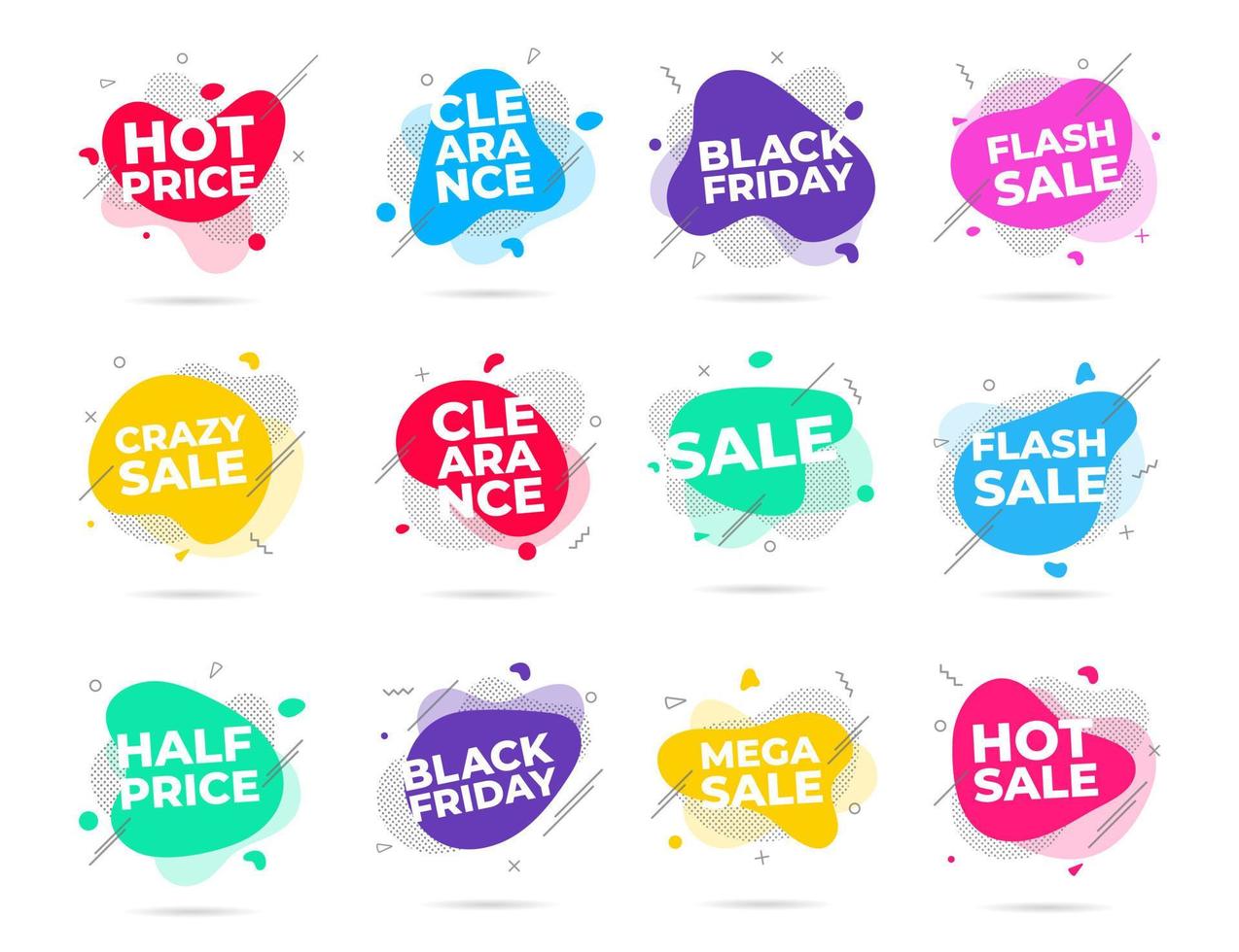 12 Modern liquid abstract flash sale, clearance, black friday, etc. text set vector