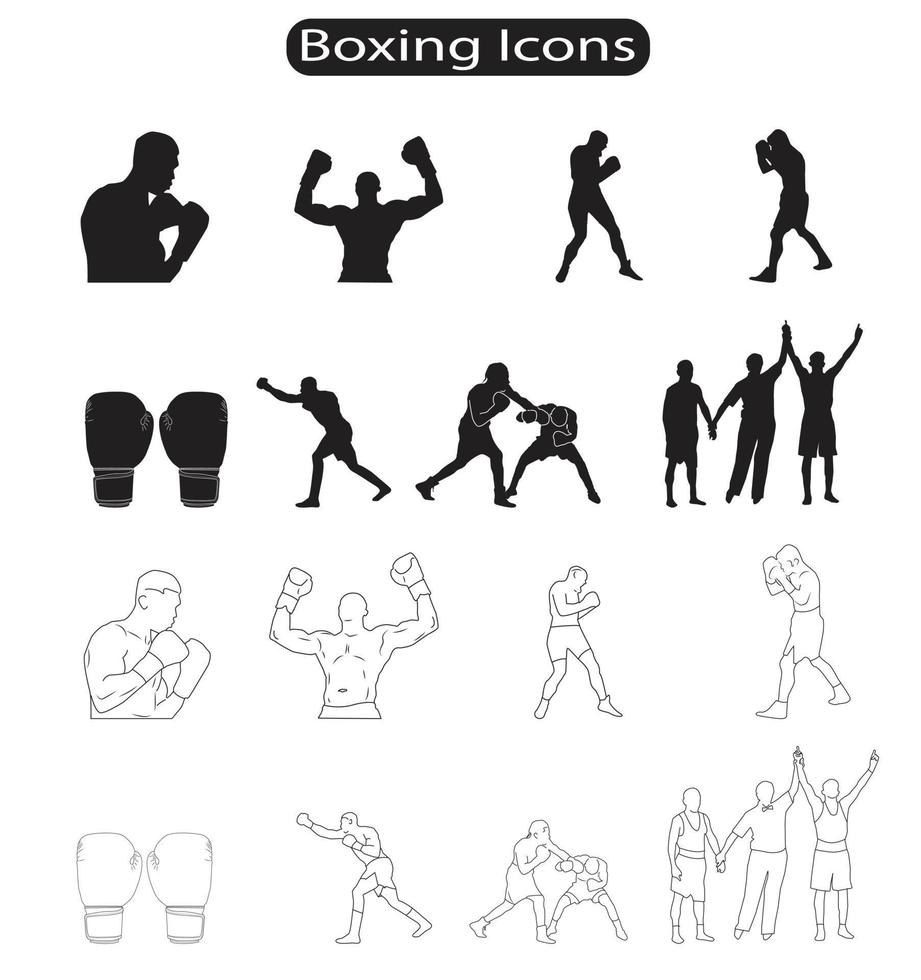 Boxing Silhouettes and Line Icons Vector Illustration