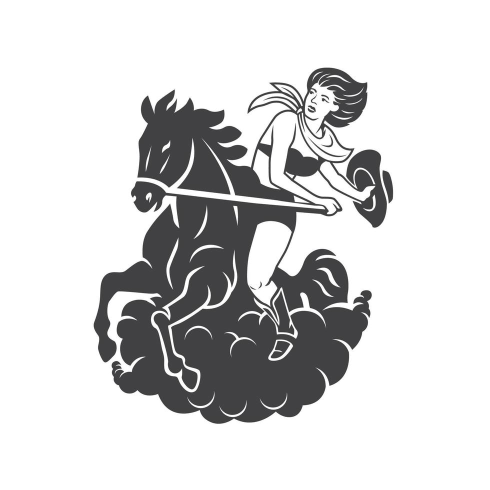 a woman riding a horse with a cowboy hat in her hand vector illustration