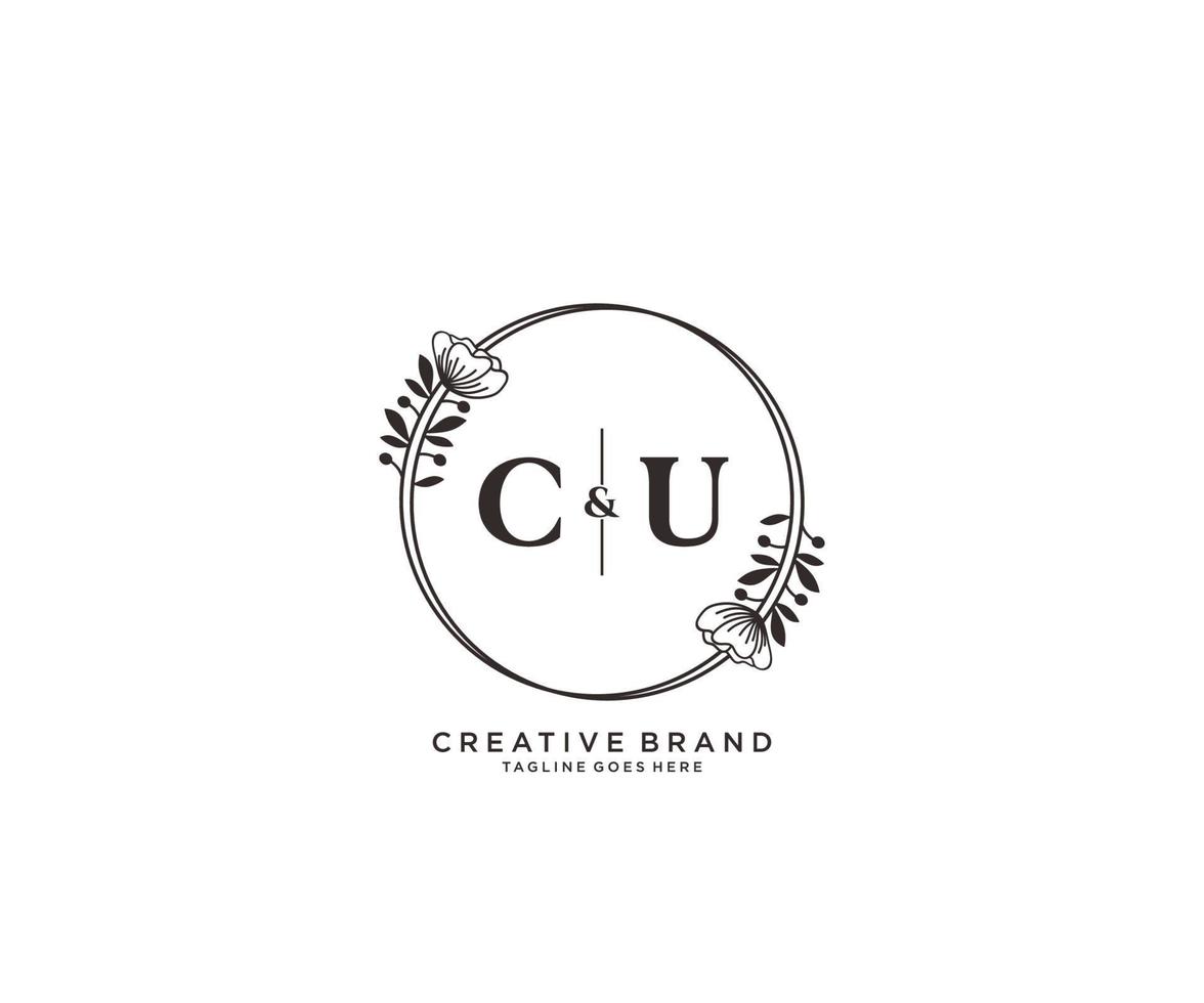 initial CU letters hand drawn feminine and floral botanical logo suitable for spa salon skin hair beauty boutique and cosmetic company. vector