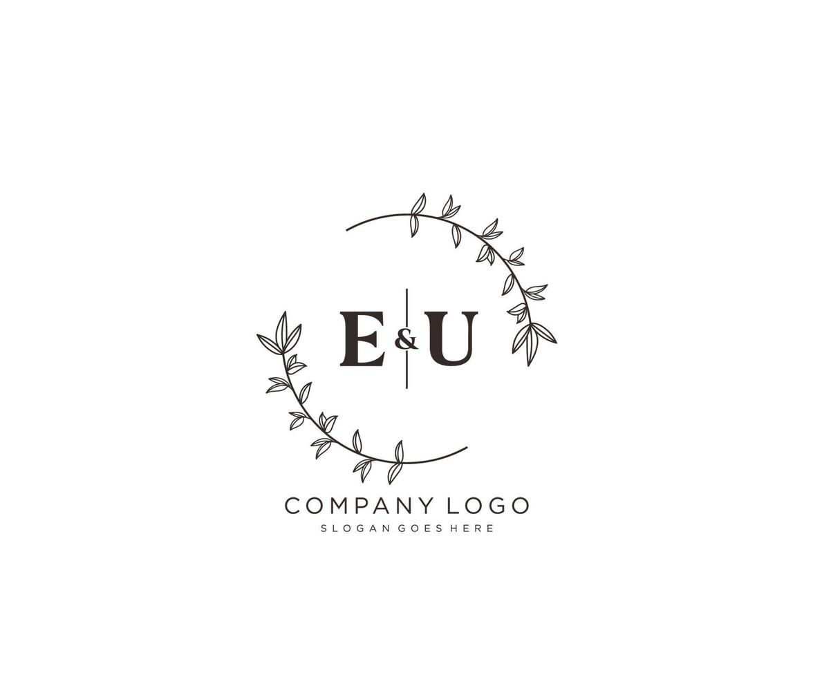 initial EU letters Beautiful floral feminine editable premade monoline logo suitable for spa salon skin hair beauty boutique and cosmetic company. vector