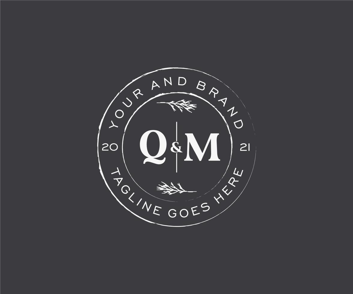 initial QM letters floral frames. Botanical feminine editable premade monoline unique decoration for greeting card, wedding invitation. vector