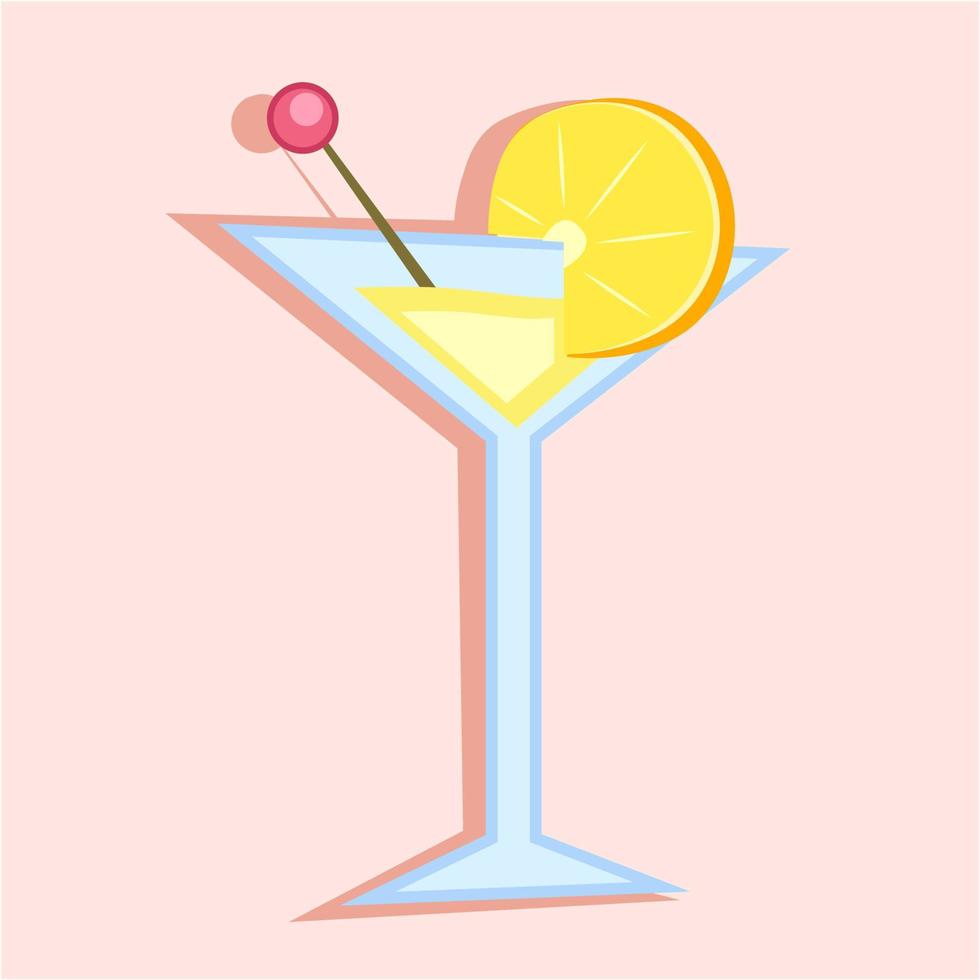 Summer long drink with citrus, cocktail in elegant glass, tasty bar alcohol drink. Vacation logo, postcard, card, summer vector illustration.