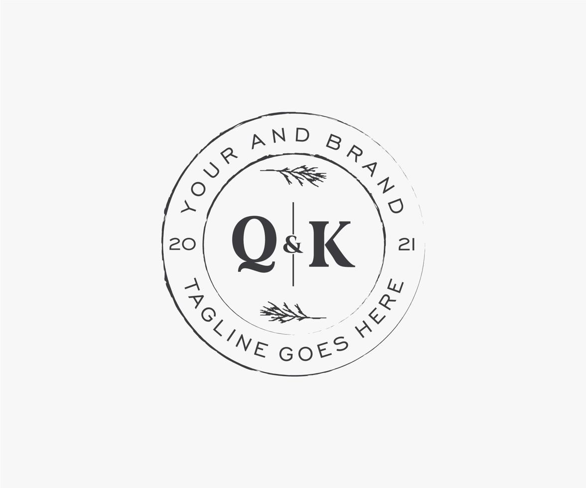 initial QK letters floral frames. Botanical feminine editable premade monoline unique decoration for greeting card, wedding invitation. vector
