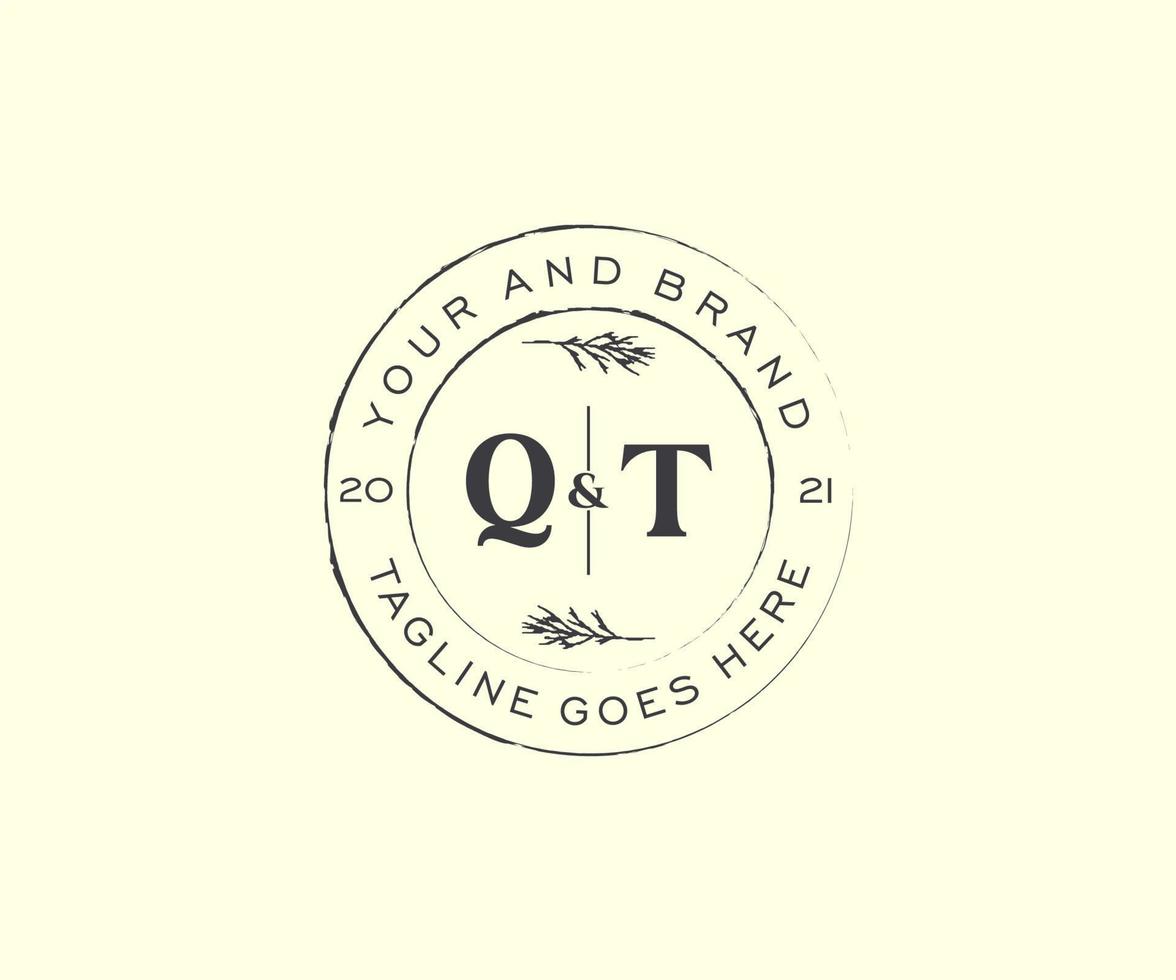 initial QT letters floral frames. Botanical feminine editable premade monoline unique decoration for greeting card, wedding invitation. vector