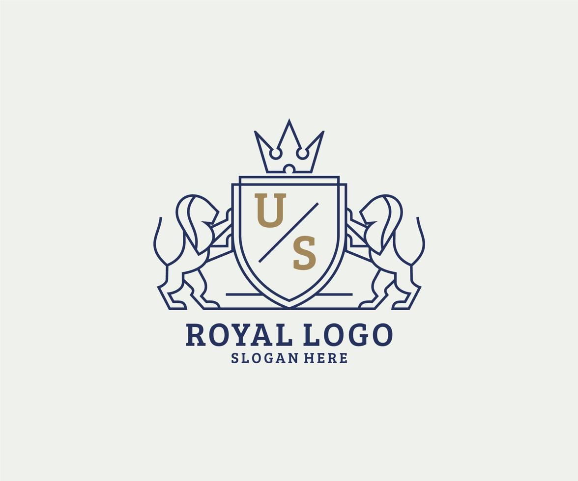 Initial US Letter Lion Royal Luxury Logo template in vector art for Restaurant, Royalty, Boutique, Cafe, Hotel, Heraldic, Jewelry, Fashion and other vector illustration.