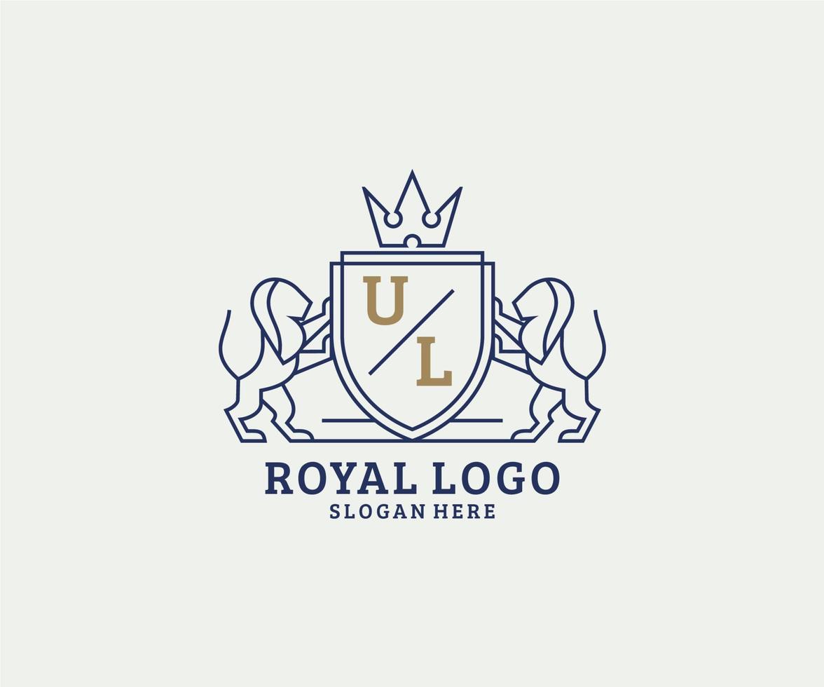 Initial UL Letter Lion Royal Luxury Logo template in vector art for Restaurant, Royalty, Boutique, Cafe, Hotel, Heraldic, Jewelry, Fashion and other vector illustration.