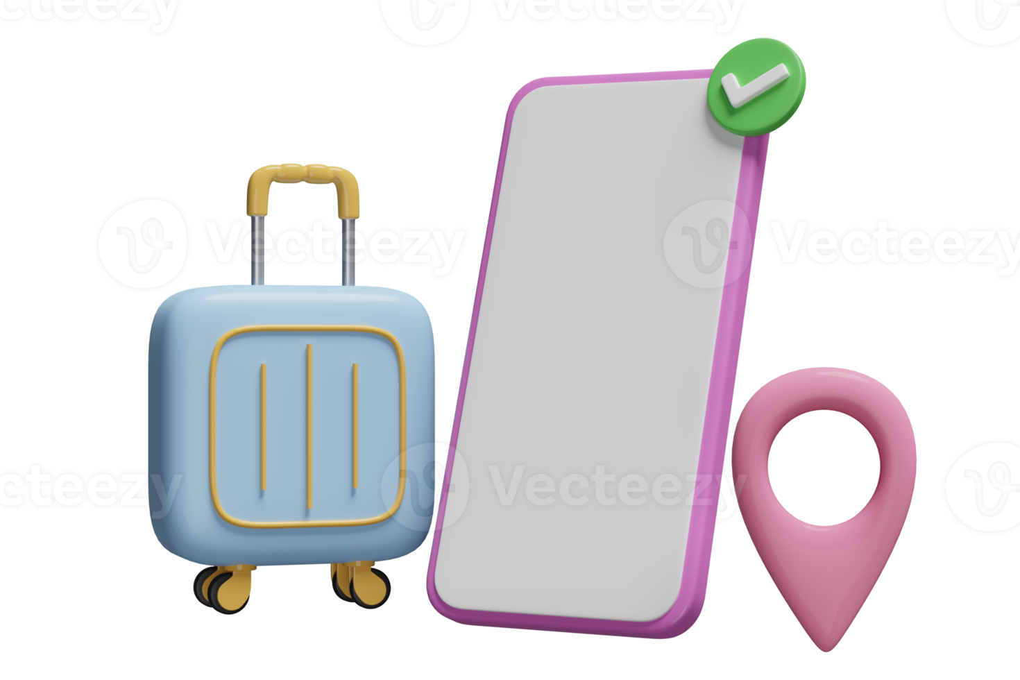 3d resväska med mobil telefon, smartphone, stift, kolla upp märken ikon isolerat. sommar resa, uppkopplad hotell bokning service begrepp, 3d framställa illustration png