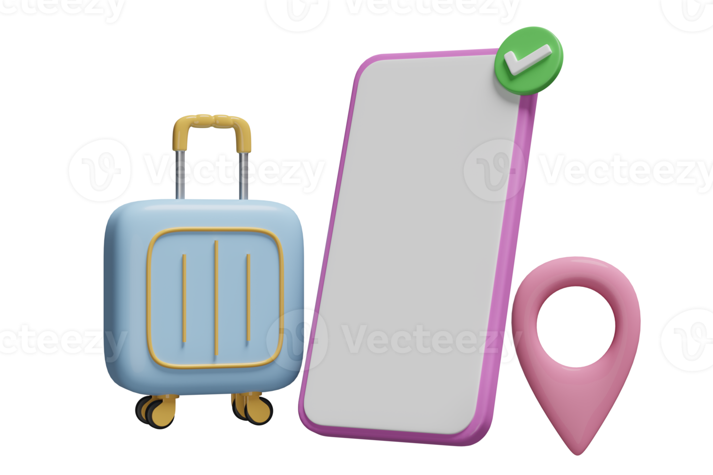 3d valise avec mobile téléphone, téléphone intelligent, broche, vérifier Des marques icône isolé. été voyage, en ligne Hôtel réservation un service concept, 3d rendre illustration png