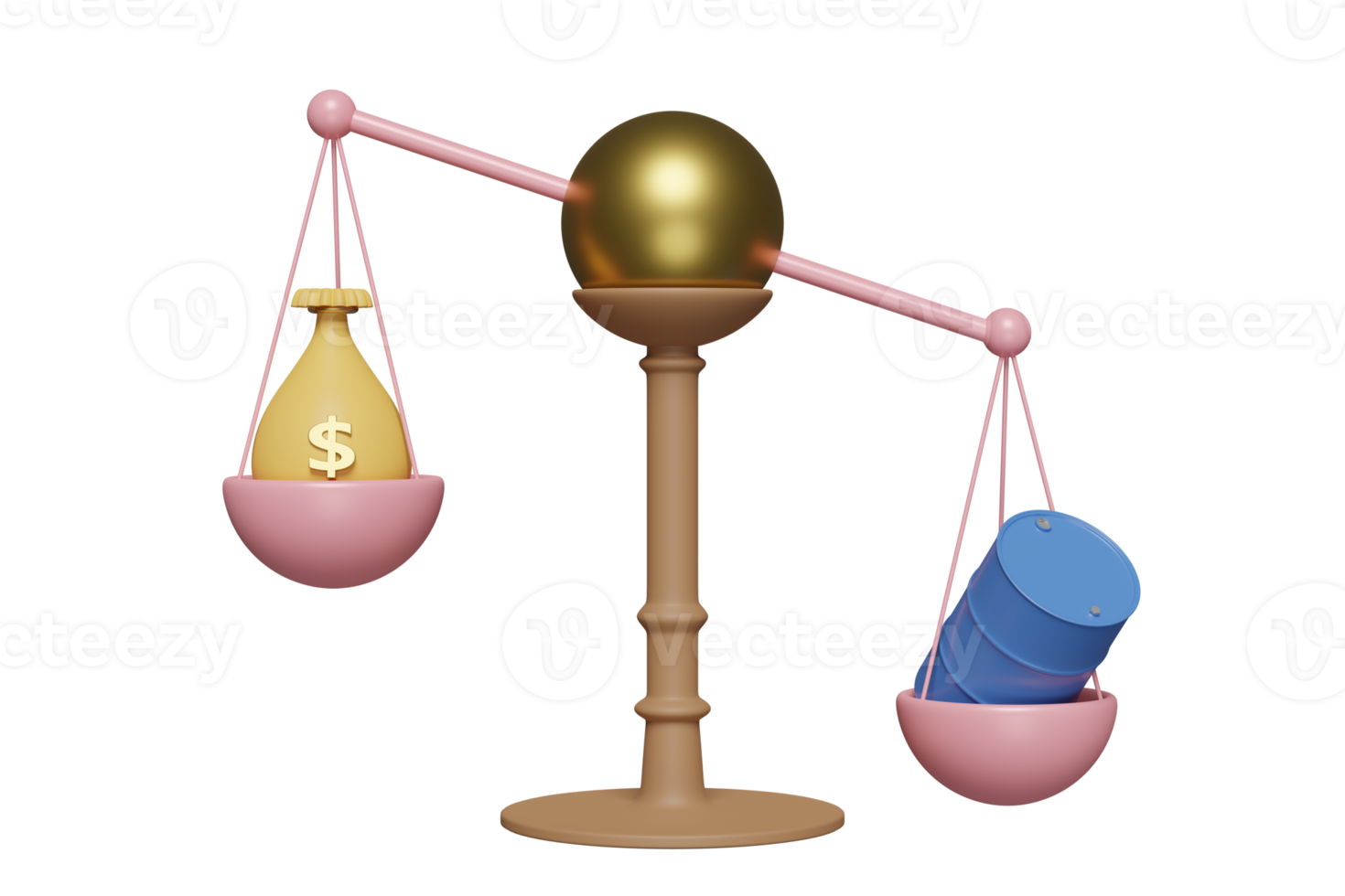 3d Gerechtigkeit Waage mit Öl Fass Symbol, Geld Tasche isoliert. hoch Inflation, teuer, Speichern Geld, erziehen das Preis Konzept, 3d machen Illustration png