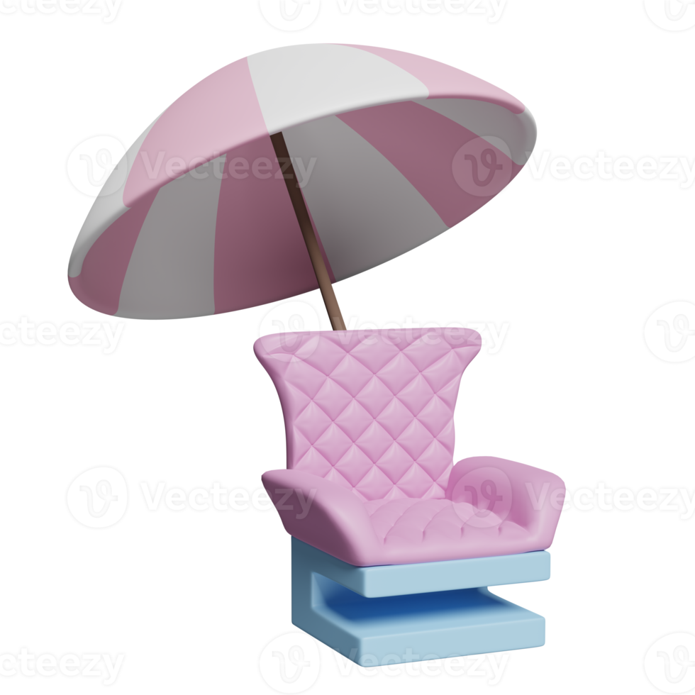 3d canapé chaise avec rose parapluie ou parasol isolé. 3d rendre illustration png