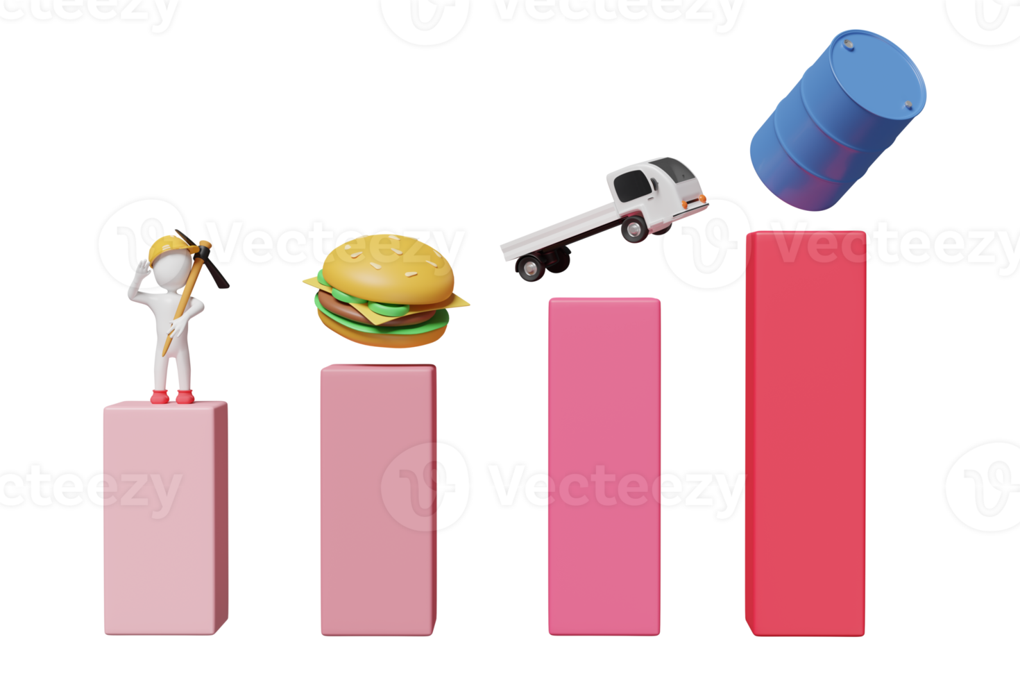 3d bar graph with food, oil barrel, delivery truck, wage icon isolated. high inflation, expensive, saving money, raise the price concept, 3d render illustration png