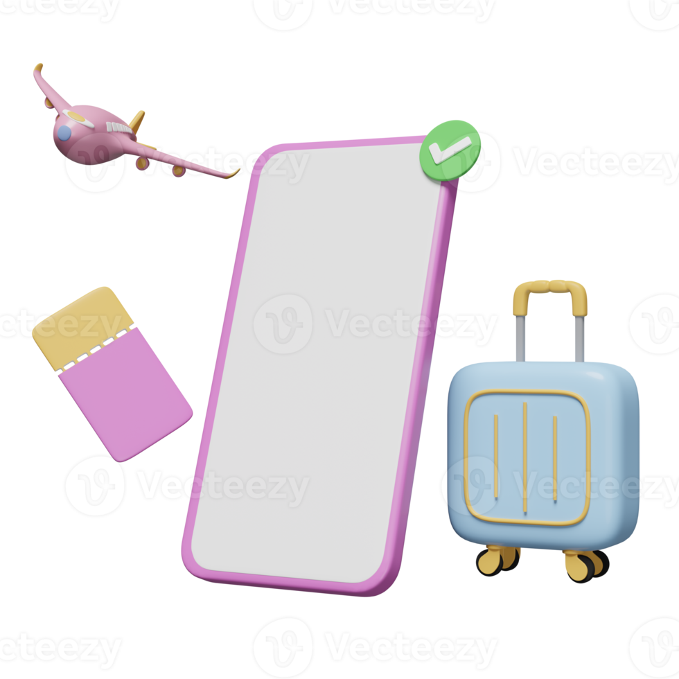 3d mobile téléphone avec valise, du voyageur bagage, téléphone intelligent, vérifier Des marques icône isolé. air billet réservation, été voyage, en ligne Hôtel réservation un service concept, 3d rendre illustration png