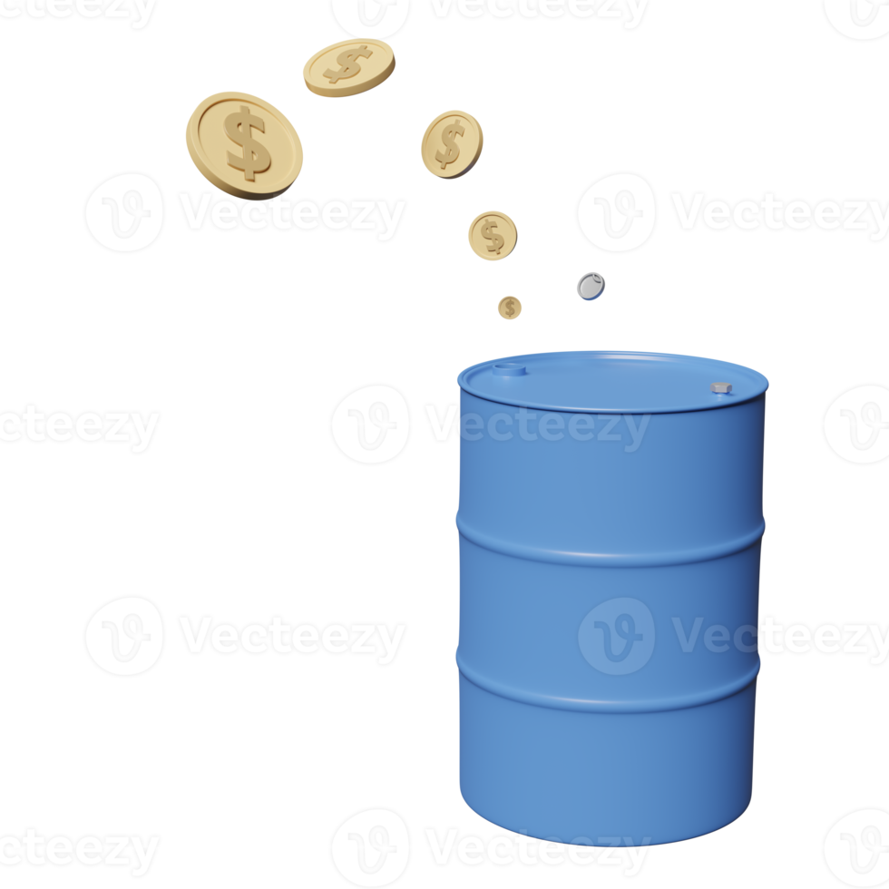 3d blu olio barile con i soldi dollaro moneta icona isolato. 200 litri olio cisterna, petrolio olio industria, olio mercato attività commerciale concetto, 3d rendere illustrazione png