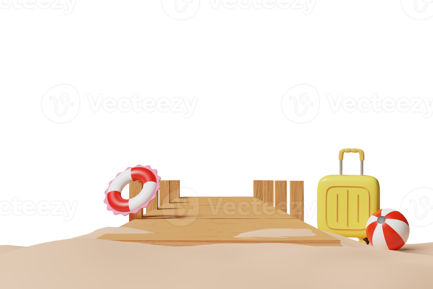 summer travel 3d with wooden bridge leading into the sea on a bright day, suitcase, ball, lifebuoy, sea beach, landscape, 3d render illustration png
