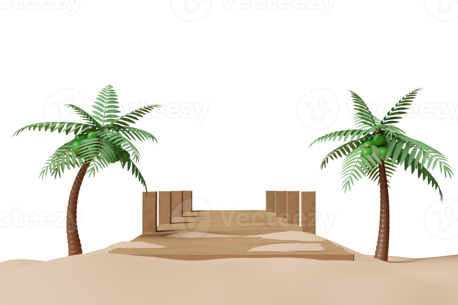 3d zomer reizen met houten brug leidend in de zee Aan een helder dag, palm boom, zee strand, landschap, 3d geven illustratie png