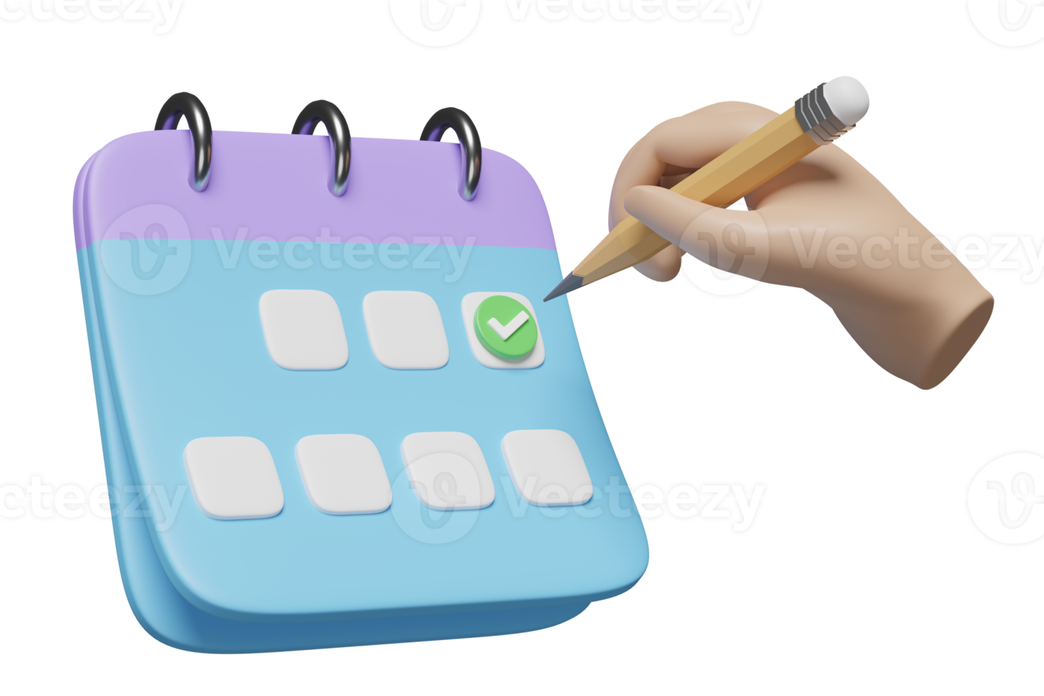 3d calendário com marca de verificação ícones, marcado data, mão aguarde lápis isolado. Verifica compromisso tempo, compromisso encontro conceito, 3d render ilustração png