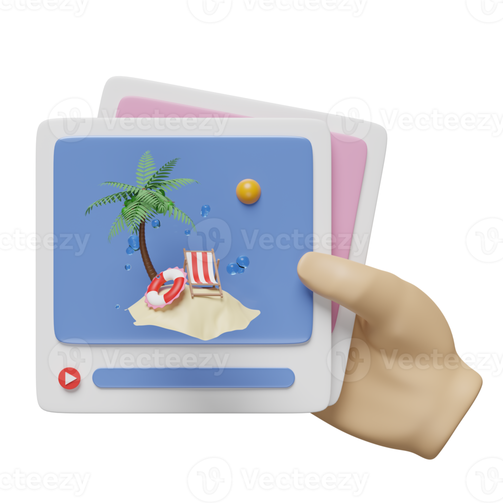 3D hands hold social media or communication online platform with lifebuoy, water splash, palm tree, play icons, photo frame isolated. summer travel concept, 3d render illustration png