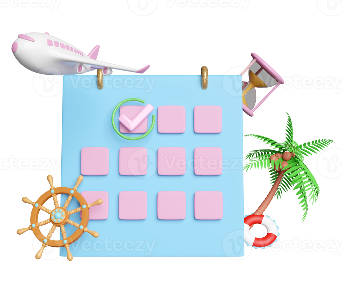 3d kalender met vliegtuig pictogrammen, gemarkeerd datum, palm boom, zandloper, vlucht geïsoleerd. schema afspraak, zomer reis, reisroute concept, 3d geven illustratie png