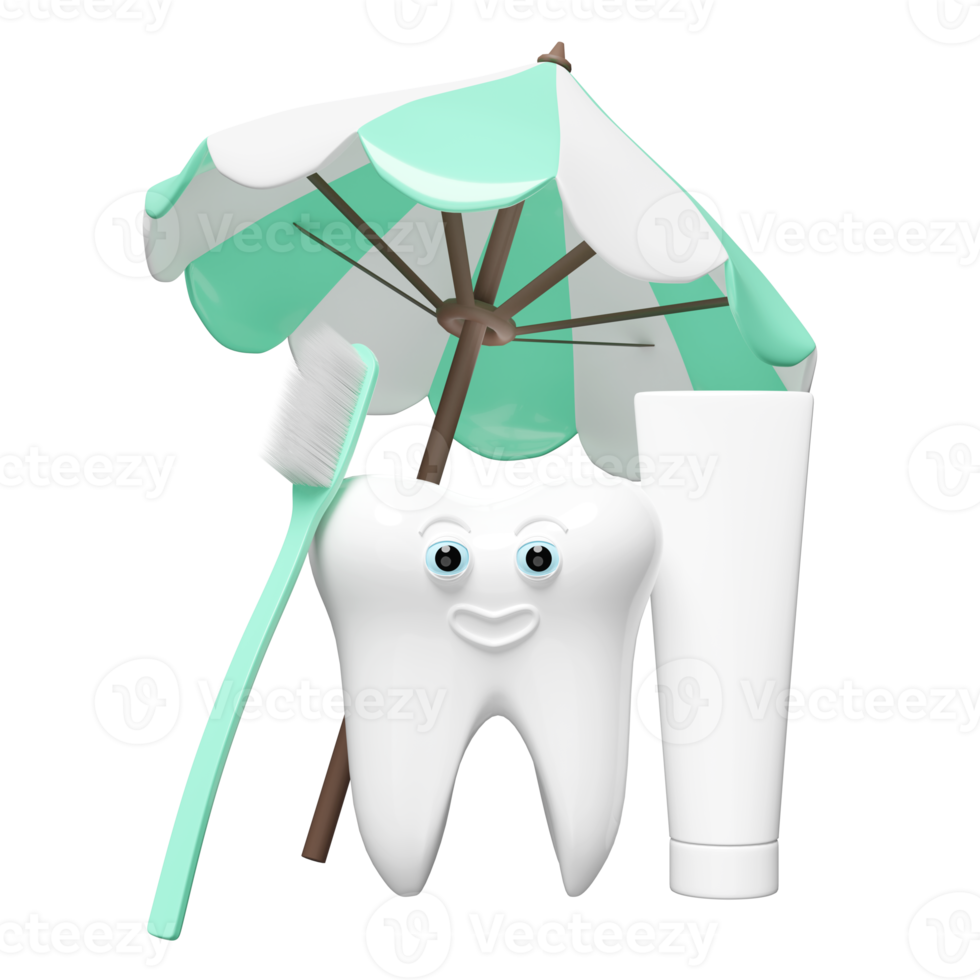 3d dental molar teeth model icon with toothbrush, toothpaste tube, umbrella isolated. tooth decay prevention, health of white teeth, oral care, 3d render illustration png