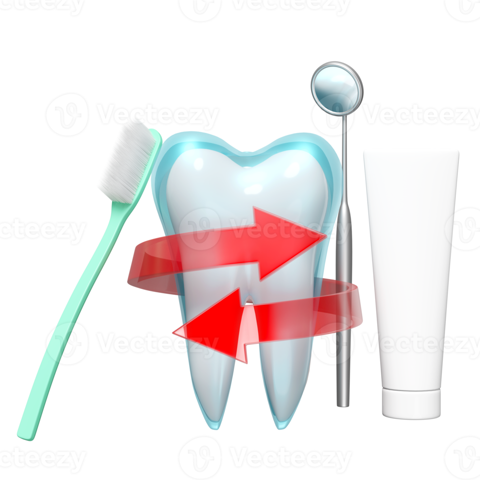 dental molar teeth model 3d icon with red spiral arrow, toothbrush, toothpaste tube, dentist mirror isolated. dental examination of the dentist, tooth protection, 3d render png