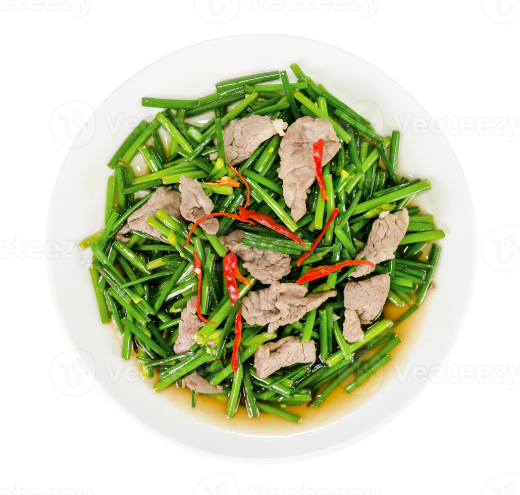 stirfried pork and garlic chive isolated 20521730 PNG