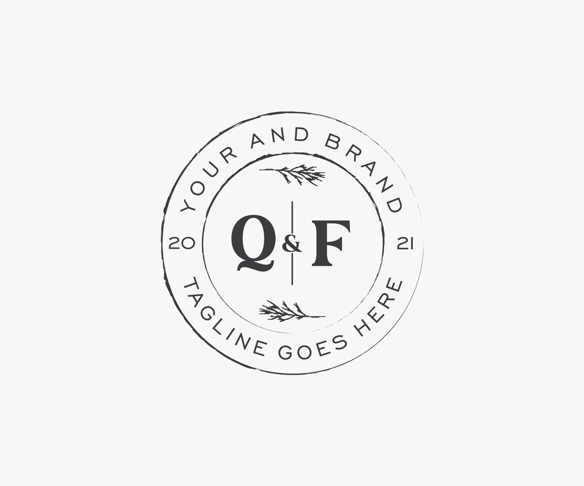 initial QF letters floral frames. Botanical feminine editable premade monoline unique decoration for greeting card, wedding invitation. vector