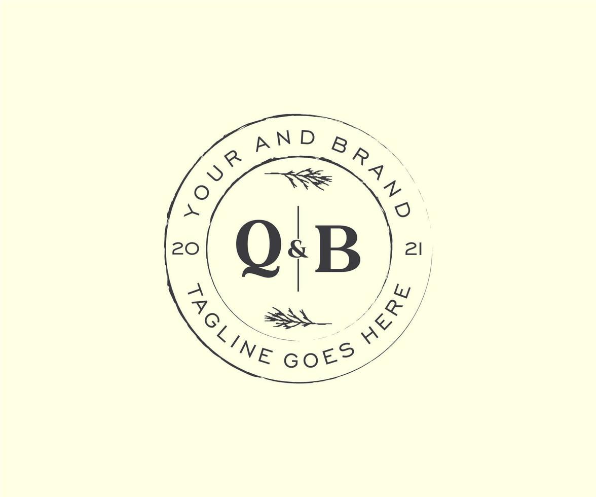 initial QB letters floral frames. Botanical feminine editable premade monoline unique decoration for greeting card, wedding invitation. vector